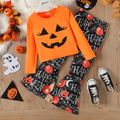 2pcs Kid Girl Halloween Graphic Long-sleeve Tee and Flared Pants Set Orange