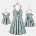 Green Floral Print Twist Front Tie Back Cami Dress for Mom and Me Green image 1