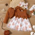 3pcs Baby Girl Rib Knit Spliced Floral Print Mesh Tank Dress and Long-sleeve Cardigan with Headband Set Color block