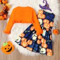 2pcs Toddler Girl Halloween Letter Pumpkin Print Sleeveless Dress and Ruffled Cardigan Set Orange