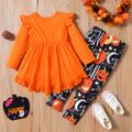 2pcs Toddler Girl Halloween Ruffled High Low Long-sleeve Tee and Allover Print Leggings Set Orange