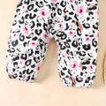 2pcs Baby Girl Solid Long-sleeve Tee and Bear Pattern Leopard & Floral Print Ruffle Trim Overalls Set Black image 5