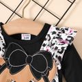 2pcs Baby Girl Solid Long-sleeve Tee and Bear Pattern Leopard & Floral Print Ruffle Trim Overalls Set Black