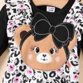 2pcs Baby Girl Solid Long-sleeve Tee and Bear Pattern Leopard & Floral Print Ruffle Trim Overalls Set Black image 4