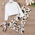 2pcs Kid Girl Letter Animal Print Tie Dyed Long-sleeve Tee and Leopard Print Flared Pants Set OffWhite