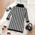 Toddler Girl Elegant Houndstooth Turtleneck Long-sleeve Sweater Dress Black/White