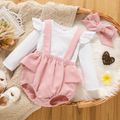 3pcs Baby Girl Solid Ruffle Trim Long-sleeve Tee and Suspender Shorts with Headband Set Pink