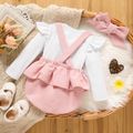 3pcs Baby Girl Solid Ruffle Trim Long-sleeve Tee and Suspender Shorts with Headband Set Pink
