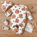 2pcs Baby Boy/Girl Allover Cookie Print Long-sleeve Fuzzy Flannel Jumpsuit with Hat Set White