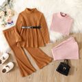 2pcs Toddler Girl Solid Color Ribbed Mock Neck Long-sleeve Tee and Flared Pants Set Khaki