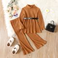 2pcs Toddler Girl Solid Color Ribbed Mock Neck Long-sleeve Tee and Flared Pants Set Khaki image 1