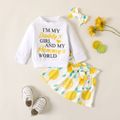 Baby Girl 2pcs Letter Print Long-sleeve White Pullover Top and Lemon Allover Belt Decor Yellow Skirt Set Pale Yellow