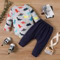 2pcs Baby Boy Allover Colorful Dinosaur Print Long-sleeve Romper and Solid Pants Set Tibetanblue image 2
