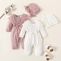 100% Cotton Baby Girl 2pcs Shirred Lace and Bow Decor Long-sleeve Pink or Lavender Purple Jumpsuit with Hat Set White