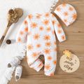 2pcs Baby Boy/Girl Long-sleeve Allover Sun Print Rib Knit Jumpsuit with Hat Set White
