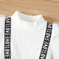 2pcs Baby Girl Mock Neck Long-sleeve Letter Detail Rib Knit Spliced Polka Dots Mesh Dress with Headband Set BlackandWhite