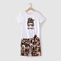 Mommy and Me Figure & Letter Print Short-sleeve T-shirts with Leopard Shorts Matching Sets White