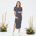 Maternity Button Decor Side Slit Hem Stripe Short-sleeve Bodycon Dress Dark Blue/white