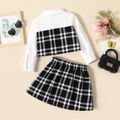 2pcs Toddler Girl Plaid Splice Lapel Collar Long-sleeve Shirt and Pleated Skirt Set BlackandWhite