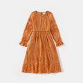 Family Matching Solid Long-sleeve Lace Dresses and Plaid Shirts Sets ColorBlock