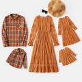 Family Matching Solid Long-sleeve Lace Dresses and Plaid Shirts Sets ColorBlock image 1