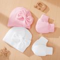 2-pack Baby Bow Decor Simple Plain Beanie Hat & Anti-scratch Glove Set Pink