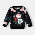 Allover Floral Print Black Long-sleeve Pullover Sweatshirts for Mom and Me Black