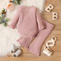 2pcs Baby Girl Solid Eyelet Embroidered Long-sleeve Romper and Flared Pants Set darkpink image 3