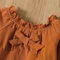 2pcs Toddler Girl Ruffled Off Shoulder Bowknot Design Long-sleeve Tee and Plaid Flared Pants Set Brown