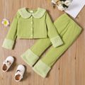 2pcs Toddler Girl Trendy Fleece Splice Doll Collar Jacket and Green Pants Set Green image 1