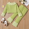 2pcs Toddler Girl Trendy Fleece Splice Doll Collar Jacket and Green Pants Set Green image 2