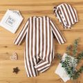 2pcs Baby Boy/Girl Long-sleeve Button Front Brown Striped Jumpsuit with Hat Set Brown image 2