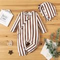2pcs Baby Boy/Girl Long-sleeve Button Front Brown Striped Jumpsuit with Hat Set Brown image 1