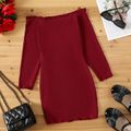 Kid Girl Ruffled Off Shoulder Button Design Long-sleeve Wine Red Bodycon Dress WineRed image 5