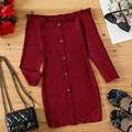 Kid Girl Ruffled Off Shoulder Button Design Long-sleeve Wine Red Bodycon Dress WineRed