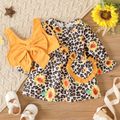 3pcs Baby Girl 100% Cotton Bow Front Vest and Allover Leopard & Sunflower Print Long-sleeve Dress with Crossbody Bag Set TenderYellow