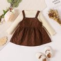 2pcs Baby Girl 95% Cotton Long-sleeve Rib Knit Romper and Quilted Textured Overall Dress Set Brown