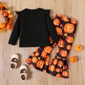 2pcs Toddler Girl Halloween Graphic Print Ruffled Long-sleeve Tee and Flared Pants Set Black image 2