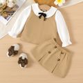 2pcs Baby Girl Peter Pan Collar Long-sleeve Faux-two Top and Double Breasted Split Skirt Set Khaki image 1