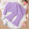 2pcs Baby Girl Letter Print Long-sleeve Waffle Textured Crop Top and Flared Pants Set Light Purple image 3