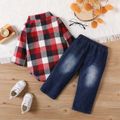 2pcs Baby Lapel Long-sleeve Shirt Romper and 100% Cotton Ripped Jeans Set Red image 2