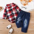 2pcs Baby Lapel Long-sleeve Shirt Romper and 100% Cotton Ripped Jeans Set Red image 1