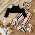 3pcs Baby Girl 95% Cotton Cold Shoulder Long-sleeve Crop Top and Striped Flared Pants with Headband Set ColorBlock