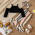3pcs Baby Girl 95% Cotton Cold Shoulder Long-sleeve Crop Top and Striped Flared Pants with Headband Set ColorBlock