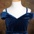 Kid Girl Princess Velvet Mesh Splice Star Glitter Design Off Shoulder Party Strap Dress Blue image 5
