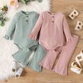 2pcs Baby Girl Solid Eyelet Embroidered Long-sleeve Romper and Flared Pants Set darkpink image 2