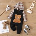Baby Boy 95% Cotton Bear Embroidered Spliced Plaid Hooded Long-sleeve Jumpsuit Color block image 1