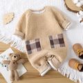 Baby Boy Long-sleeve Fleece Jumpsuit with Contrast Plaid Pockets BROWN