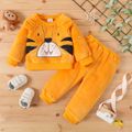 2pcs Baby Boy Long-sleeve Tiger Embroidered 3D Ears Decor Fuzzy Pullover and Pants Set Yellow image 1