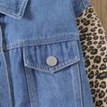 Kid Girl Leopard Print Splice Lapel Collar Denim Jacket Royal Blue